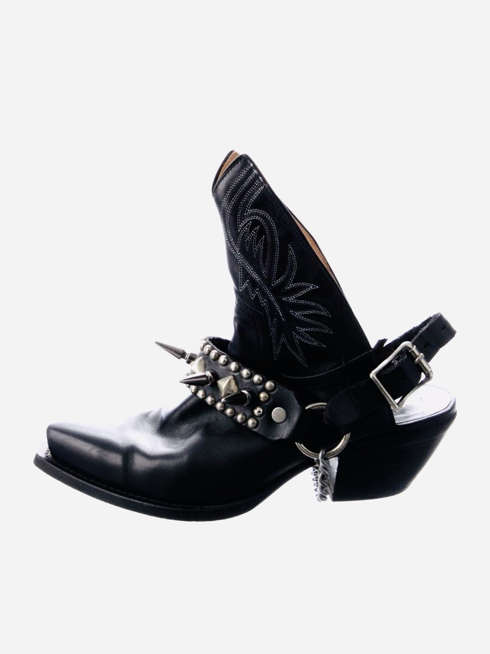 R13 Black Leather Western Cowboy Studded Harness Embroidered Half Boots 7 RARE!